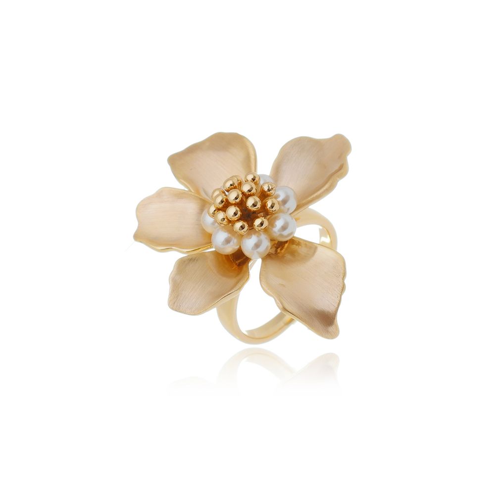 AN03040027 - Anel flor fosca com detalhes de pérolas shell Dourado 14